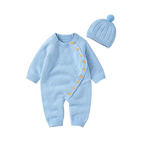 Geogenry Newborn Baby Girls Boys Sweater Jumpsuit Winter Knit Romper Clothes Button Solid Bodysuit Jumpsuit Hat 2pcs Outfit
