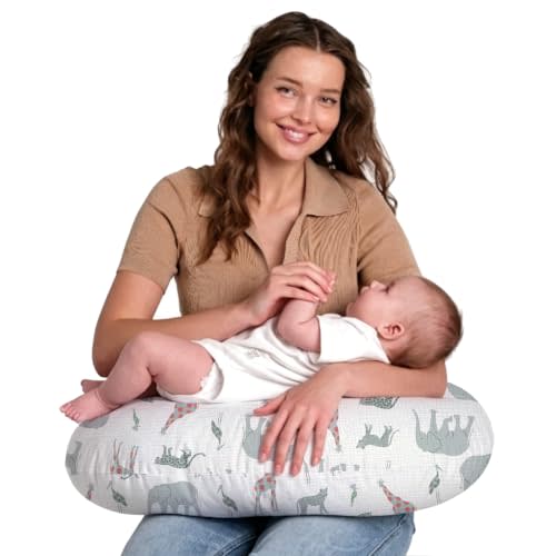 Little Grape Land Muslin Nursing Pillow, Soft 100% Cotton Breastfeeding Pillow with Breathable Cotton Removable Cover, Fog Flower Breast Feeding Pillows for Babies 0-12 Months (Safari)