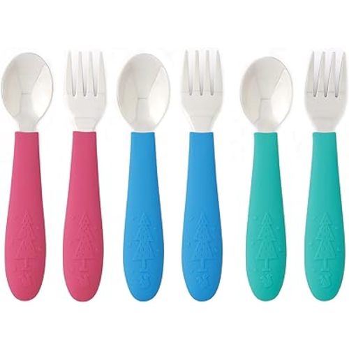 Elk and Friends Kids Silverware with Silicone Handle | Childrens Safe Flatware | Toddler Utensils | Baby Spoons + Forks | Stainless Steel Cutlery