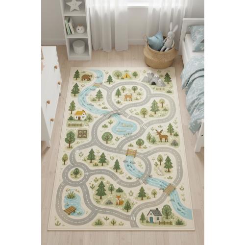Kids Forest Animals Road Play Rug: Nature Map Toddler Carpet, Neutral Nursery Decor