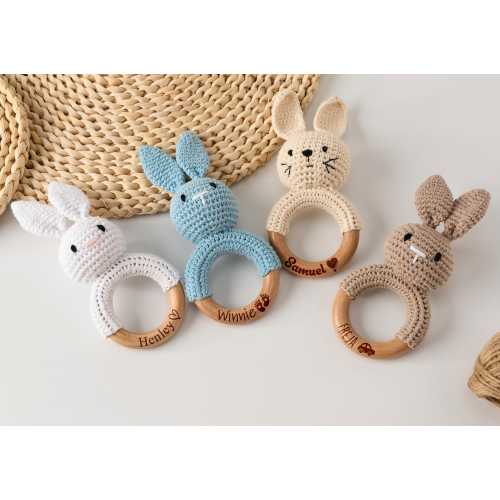 Personalized Bunny Crochet Rattle for Baby, Custom Wooden Baby Rattle, Handmade Rattle Toy with Engraved Name, Nephew Niece, Easter Gift