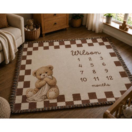 Personalized Baby Milestone Blanket Teddy Bear, Custom Name Month Blanket for Baby Boy or Girl, Newborn Growth Checkered, Baby Shower Gift