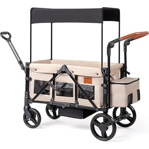 Stroller Wagon for 2 Kids with Footwell, Foldable All-Terrain Wagon Stroller with Adjustable Push/Pull Handle, Parent Organizer, 5-Point Harness, Ideal for Travel & Outdoor Adventures (Clasic Oat)