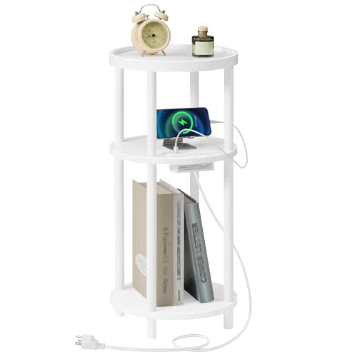 HOOBRO Small Round Side Table with Charging Station, 3-Tier Round Bamboo End Table, Compact Sofa Bedside Table for Small Space, Easy Assembly, for Living Room, Bedroom, Apartment, White WT152UBZ01