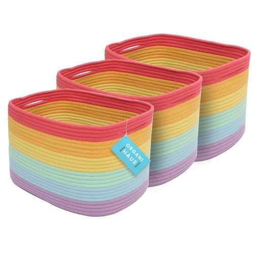 OrganiHaus Rope Storage Baskets Set of 3, Nursery Decor Organizer, 15x10x9in - Full Rainbow