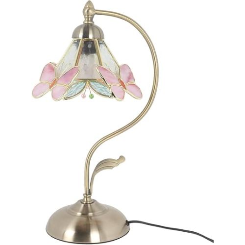 Bieye L11000 Tiffany Style Stained Glass Butterfly and Flower Table Lamp with Brass Base, 8.6" W x 10" D x 17" H