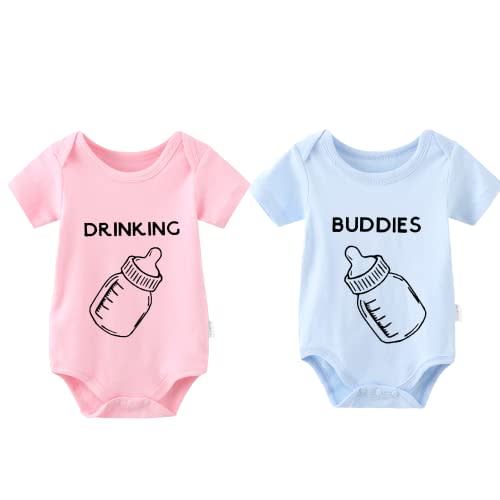 YSCULBUTOL 2-Pack Baby Twins Bodysuits Drinking Buddies Infant Clothes Funny Twin Unisex Romper 0-12 Months