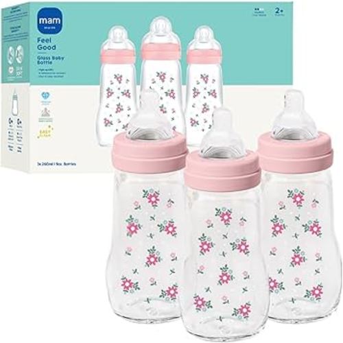 MAM Premium Glass Baby Bottles, Easy Switch Between Breast and Bottle, Feel Good Medium Flow, Newborn Essentials Must Have, 2+ Months, BPA Free, 9oz, Girl, 3 Pack