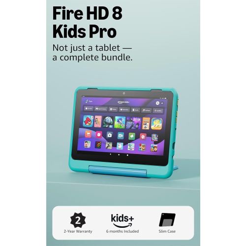 Amazon Fire HD 8 Kids Pro tablet, ages 6-12. Bright 8" HD screen, includes ad-free content, parental controls, 13-hr battery, slim case for older kids, 64GB, Hello Teal, (2024 release)