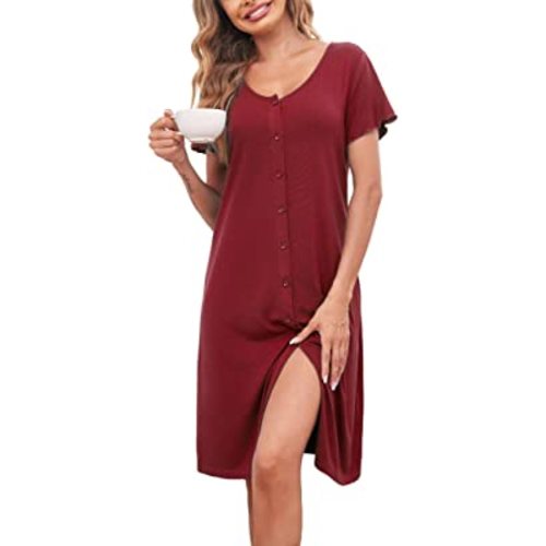 Ekouaer Women's Nightshirt Short Sleeve Button Down Nightgown V-Neck Sleepwear Pajama Dress