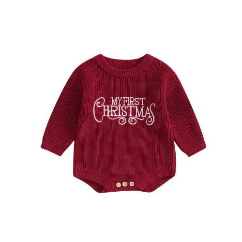ASNOUIFU Baby Toddler Christmas Sweater Romper Letter Embroidery Round Neck Long Sleeve Knit Bubble Jumpsuit 0-18 Months