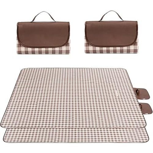 Wind Tour Waterproof Picnic Blanket with Carry Strap - Foldable Sandproof Outdoor Mat for Camping, Beach, Park - 59" x 71",Coffee Grid (Two Mat Set)