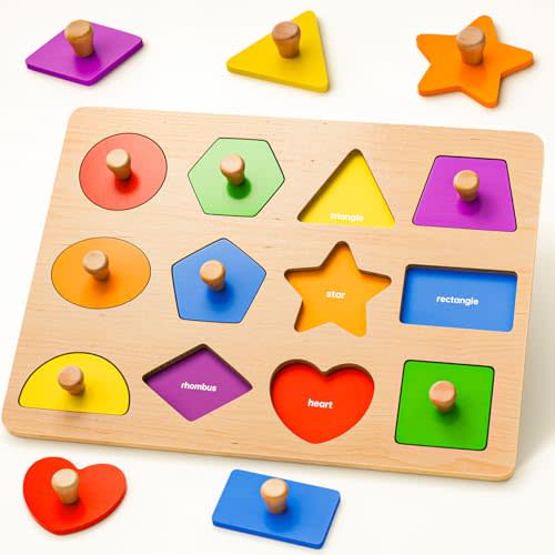 Wooden Shape Peg Puzzles for Toddlers 1 2 3 Year Old Boys Girls Gifts: Shape Sorter & Color Match Baby Puzzles 12-18-24 Months - Montessori Toys for 1 2 3 Year Old Toddler Learning Activities