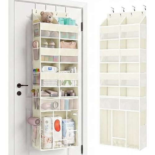 Yecaye 1 Pack Over the Door Nursery Organizer, 5-Tier Swing-Proof Back of Door Storage, Newborn Large Capacity Hanging Bathroom Organizers and Storage for Baby Essential Stuff, Diaper and Toy, Beige