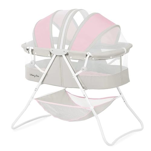 Dream On Me Karley Baby Bassinet in Grey and Pink, Lightweight Portable, Quick Fold and Easy to Carry , Adjustable Double Canopy, Indoor and Outdoor with Large Storage Basket.