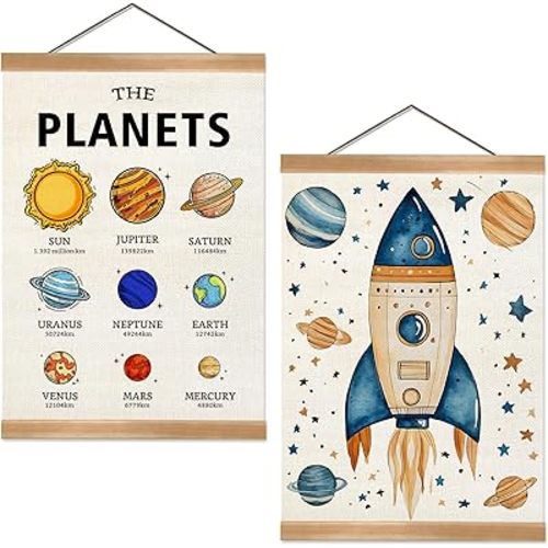 Solar System Poster Wall Art Set of 2, The Planets Wall Decor Wood Hanger, Space Classroom Decor, Outer Space Planets Poster for Boys and Girls Nursery, Bedroom, Playroom, Toddler and Kids Room Decoration12x16Inch(Solar system)