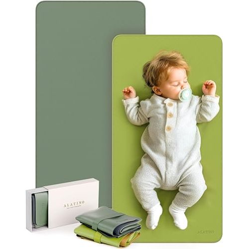 2 Pack Vegan Leather Baby Changing Mat, Large 30" x 17" Waterproof Foldable Diaper Mat, Wipe-Clean Portable Changing Pad for Travel, Home & Diaper Bag, Baby Shower Gifts(MossGreen&DarkOliveGreen)