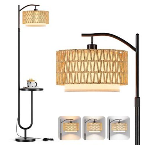 SUGIFT Arc Floor Lamp with Table and Shelves, Rattan Boho Floor Lamp with Remote Control, 3 Color Temperature Tall Lamp for Living Room