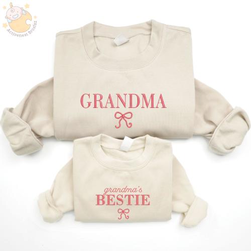 Embroidered Grandma and Grandma's Bestie Matching Shirt, Grandma's Bestie Baby Romper, Nana And Granddaughter Coquette Bow Sweatshirt