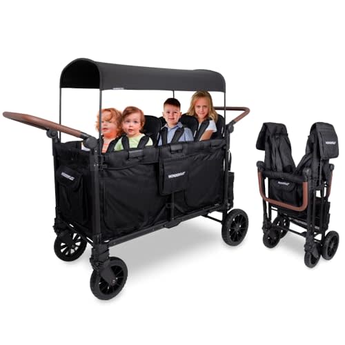 WonderFold W6 Luxe Pro Stroller Wagon, Aluminum Frame, 6 Seater, Black | Collapsible Stroller Wagon with an Adjustable Canopy & Push Handle, XL All-Terrain Wheels & 5-point harness for Kids