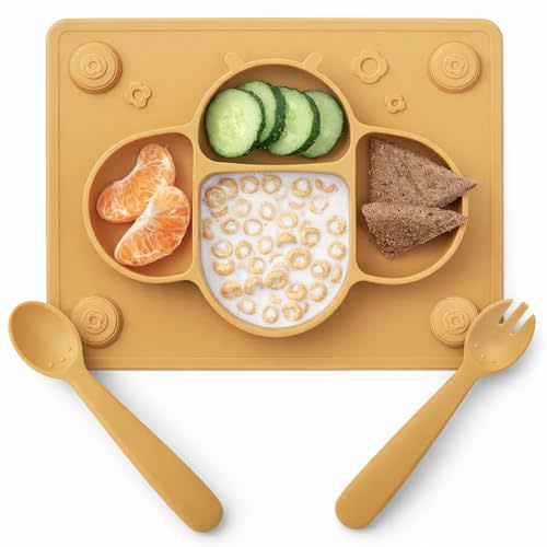 ROCCED Suction Plates for Baby Placemat Spoon Fork Set for Toddlers, Silicone Baby Plates with Suction Baby Dishes for Kids Plates-mustard