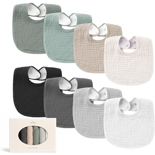 Konssy 8-Pack Muslin Baby Bibs, Adjustable Fit for Drooling and Teething