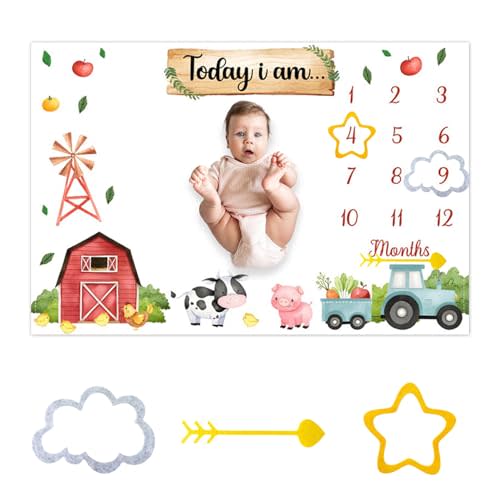 Farm Baby Monthly Milestone Blanket Farm Animal Truck Barn Photography Background Newborn Growth Record Prop Blanket 60 "x40 with Frames