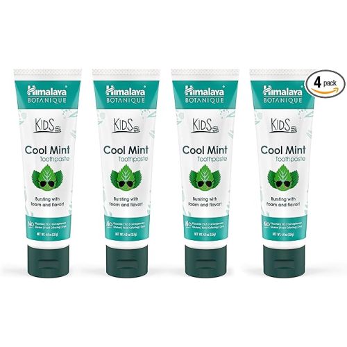 Himalaya Botanique Kids Toothpaste, Herbal, Cool Mint Flavor, Fights Plaque, Fluoride Free, Gentle, No Artificial Flavors or Colors, SLS Free, Gluten Free, Cruelty Free, Vegan, Foaming, 4 Oz, 4 Pack…
