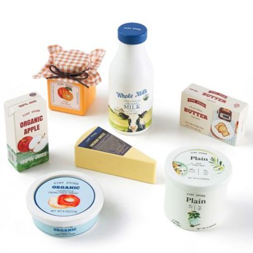 Tiny Land® Wooden Dairy & Drinks Set - 7-Piece Pretend Food Toy with Milk, Juice & Cheese, Wooden Play Kitchen Accessory