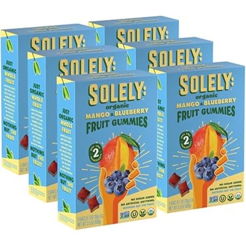 SOLELY - Organic Mango & Blueberry Whole Fruit Gummies (Pack of 6 Boxes, 5 Bags per Box) - Real Fresh Fruit - Healthy Snacks for Adults & Kids - Non GMO, Vegan Snacks, Shelf Stable - 30 Bags (3.5 oz)