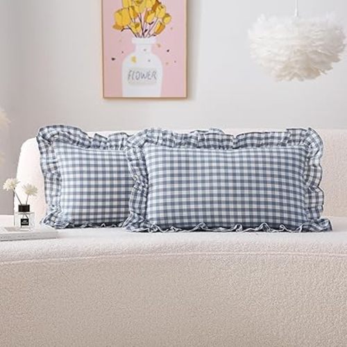 2 Pack Dust Blue Plaid Ruffle Gingham Lumbar Pillow Shams, 100% Yarn-Dyed Washed Cotton Checkered Farmhouse Zipper Closure Throw Pillow Covers - 12''x20''