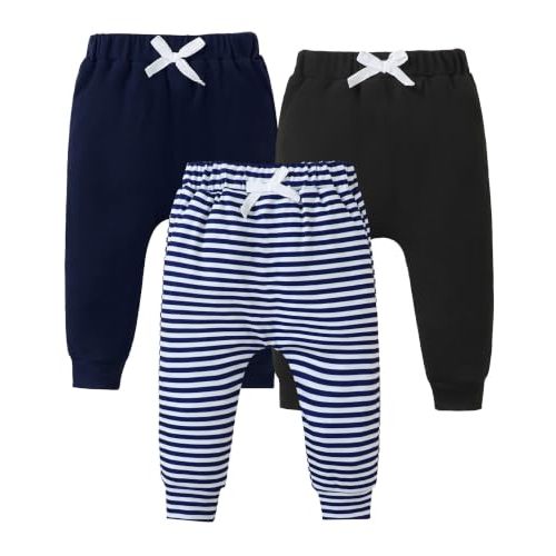 Jecson Baby Boy Pants 3-Pack Soft Toddler Joggers with Elastic Waist 3M-3T | 3-Pack baby boy pants made with soft, stretchy DeRong fabric, breathable elastic waist, solid and printed joggers for play