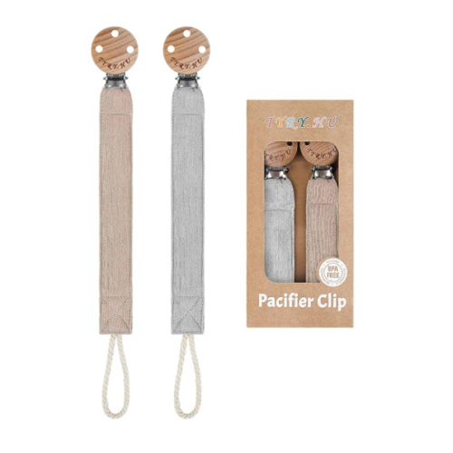 TYRY.HU Ribbon Pacifier Clip Holder,2 Pack Binky Paci Holder Clips, Pacifier Leash for Baby Boys and Girls, Soft Webbing Strap Universal Fits for Most Pacifier, Styles & Teethers Toys(Khaki,Grey)