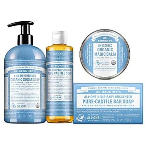 Dr. Bronner's Baby Unscented Gift Set - Pure-Castile Liquid and Bar Soaps, Organic Magic Balm, and 4-in-1 Organic Sugar Pump Soap