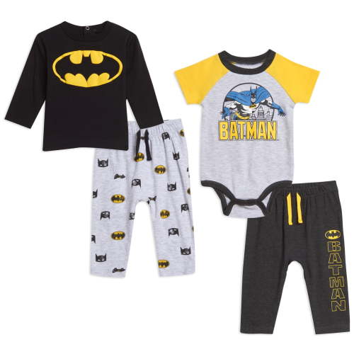 DC Comics Justice League Batman Newborn Baby Boys Bodysuit Pullover T-Shirt and Pants 4 Piece Layette Set Newborn to Infant