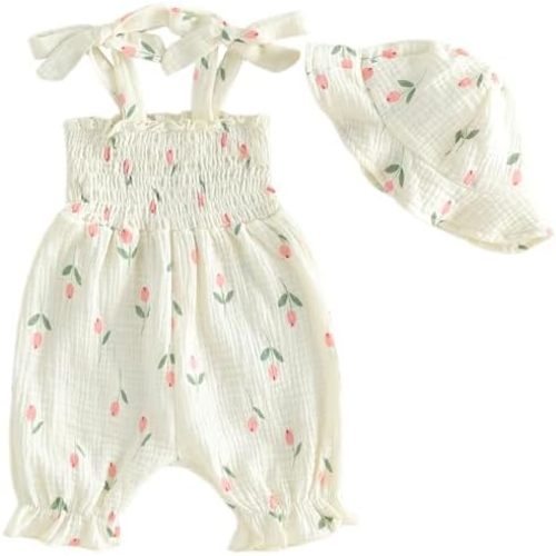 Mubineo Baby Girl Summer Clothes Cute Cotton Linen Romper Jumpsuit Sleeveless Smocked Rompers Sun Hat Comfy Boho Outfits