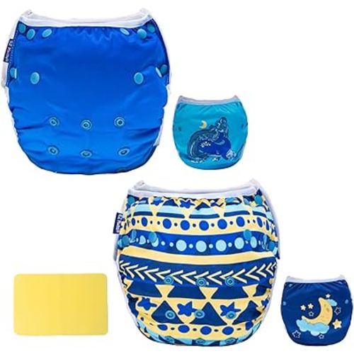 EZ Moms Baby Swim Diapers Reusable 2Pcs Snap One Size Adjustable Washable Newborn Infant Swim Diaper with a Shammy Towel for Baby Boy Water Diaper Waterproof Swimming Diapers for Swimming Lessons