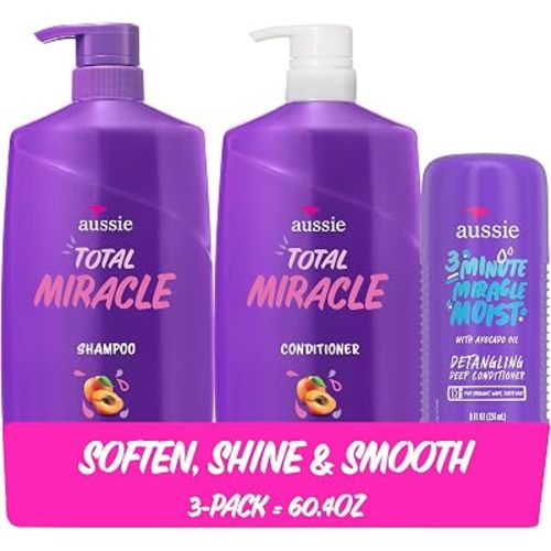 Aussie Total Miracle Hair Care Bundle: Shampoo, Conditioner, and 3 Minute Deep Treatment with Apricot & Macadamia Oil, Paraben-Free for Damaged Hair, 26.2 & 8 Fl Oz