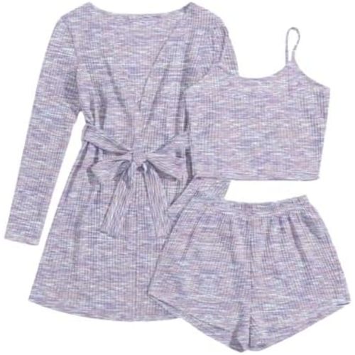 Ekouaer Womens 3 Piece Waffle Knit Lounge Set Soft Pajama Sets Tank Top and Shorts Cardigan with Pockets S-XXL