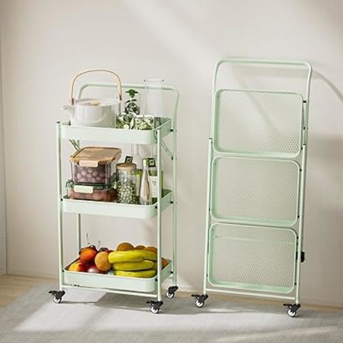 JAQ Foldable Rolling Cart, 3-Tier Metal Folding Storage Utility Carts Basket Rack Organizer with Handle on Wheels for Snacks Books Fruits for Kitchen Living Room Pantry Bathroom - (Green, 3-Layer)