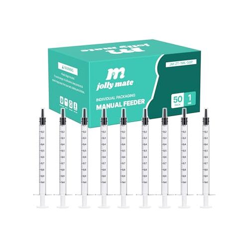JollyMate 50 Pack 1ml Syringes for Liquid, 1cc Oral Syringes without Needle with Cap Individually Wrapped for Pet Feeding, Scientific Labs, Measuring Liquids, Oil & Glue Dispenser