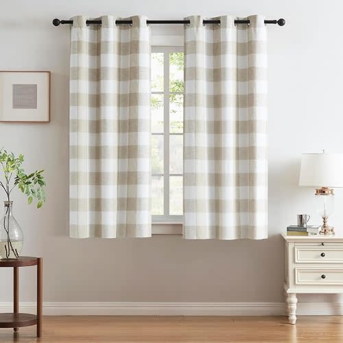 Short Tan White Buffalo Plaid Full Blackout Window Curtains Checkered Vintage Linen Textured Grommet Panels Thermal Insulated Drapes Farmhouse Bedroom Window Treatment,Living Room,40"x63"x2