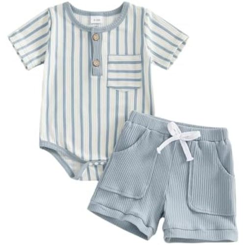 Douhoow Baby Boy Summer Outfits Short Sleeve Stripes Infant Boy Romper Baby Bodysuit Shorts Set With Pockets