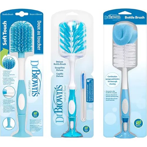 Dr. Brown's Baby Bottle and Nipple Brush Deluxe Cleaner, Soft Touch, and Sponge Brushes, Blue Variety Pack, 3 Count