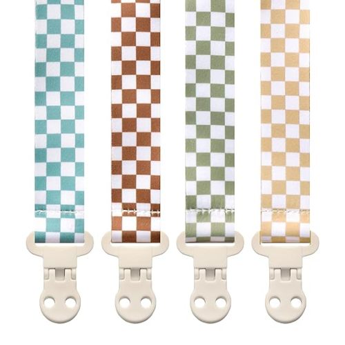 Baby Pacifier Clip Holder - Girl or Boy Unisex 4 Pack Gift Set – Neutral Modern Retro Checker Green Blue Brown Beige