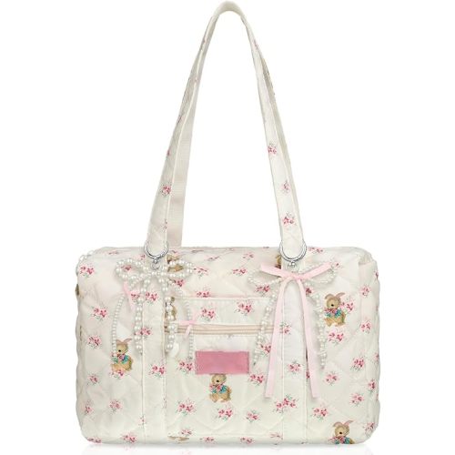 Pink Coquette Bag White Floral Handbag Kawaii Handbag Coquette Bow Quilted Duffle Bag for Women Shoulder Purse with Bow Pearl Keychain for Christmas Gifts Business Travel Trip