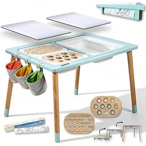 Sensory Table for Toddlers 1 Paper roll Holder 3 Storage Bins 3 Storage Cloth Bags 2 Wooden Inserts 2 Whiteboard 2 Chalkboard 1 Graffiti Scroll. Toddler Sensory Table