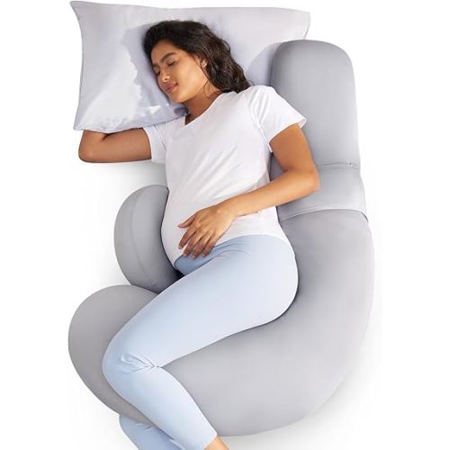 Momcozy Cooling Pregnancy Pillow,Original F Shaped Maternity Pillow for Pregnant Women with Adjustable Wedge Pillow, Full Body Support Pregnancy Pillows for Side Sleeping with Velvet Cover, Light Grey