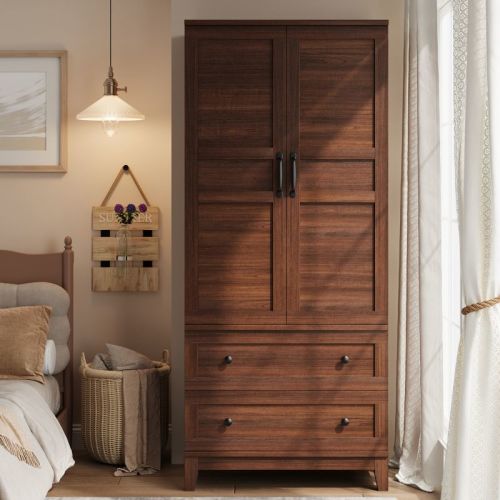 Armoire Wardrobe Closet with 2 Drawers,72" Wooden Tall Clothing Wardrobe Cabinet with Hanging Rod, Armoire with Doors, Adjustable Shelves, Walnut