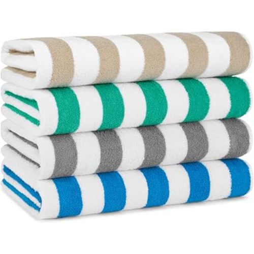 Arkwright California Cabana Stripe Beach Towel - Pack of 4, Large Soft Quick Dry 100% Cotton Terry Towels Set for Pool, Swim, and Hot Tub, Oversized 30 x 70 in, Multiple